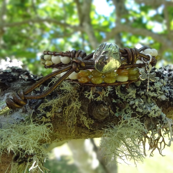 Double Wrap Leather Bracelet w/sterling Silver Dragonfly Charm. Green Serpentine - Picture 6 of 8